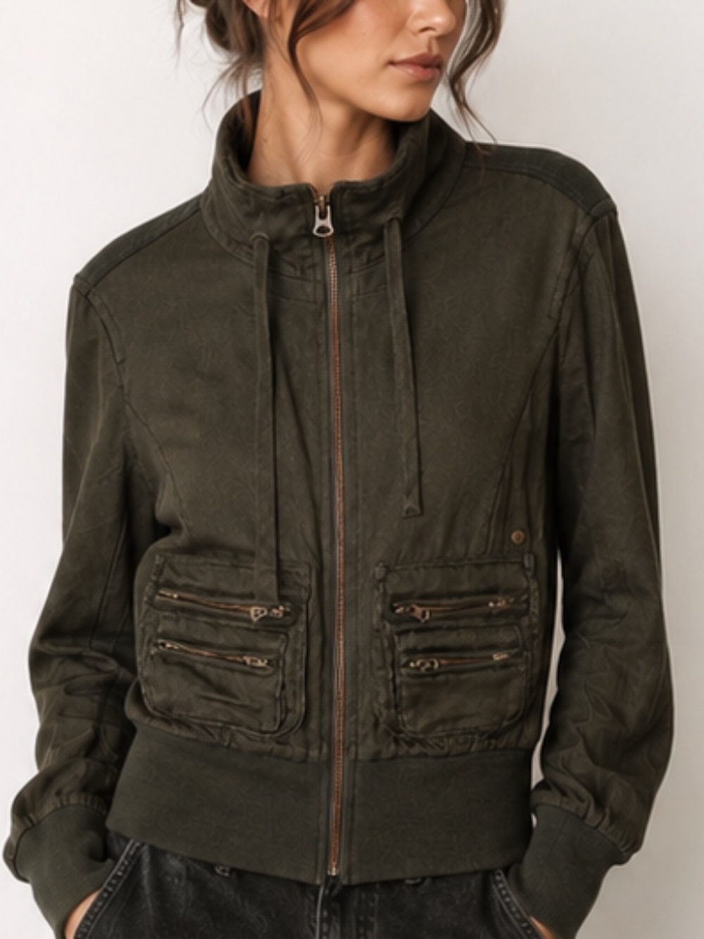 ARMANI EXCHANGE Vintage Y2K Utility Aviator Bomber Jacket Olive Green Sz XS EUC